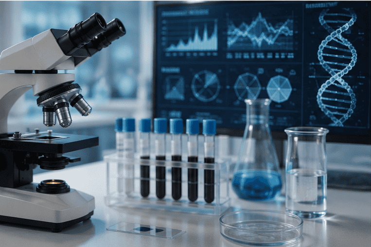 Laboratory with microscope, test tubes, and DNA analysis on screen.