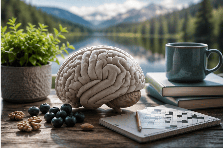 Brain model with blueberries, walnuts, and a coffee mug on a wooden table with mountain view.