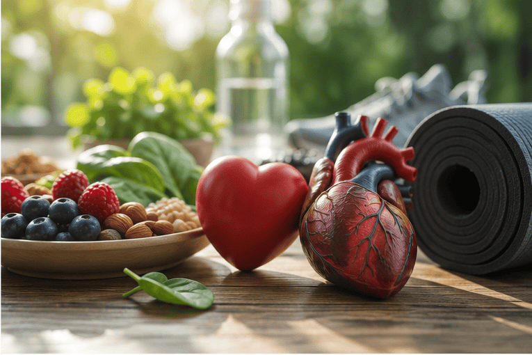 Healthy lifestyle with fresh fruits, heart model, and yoga mat for wellness.