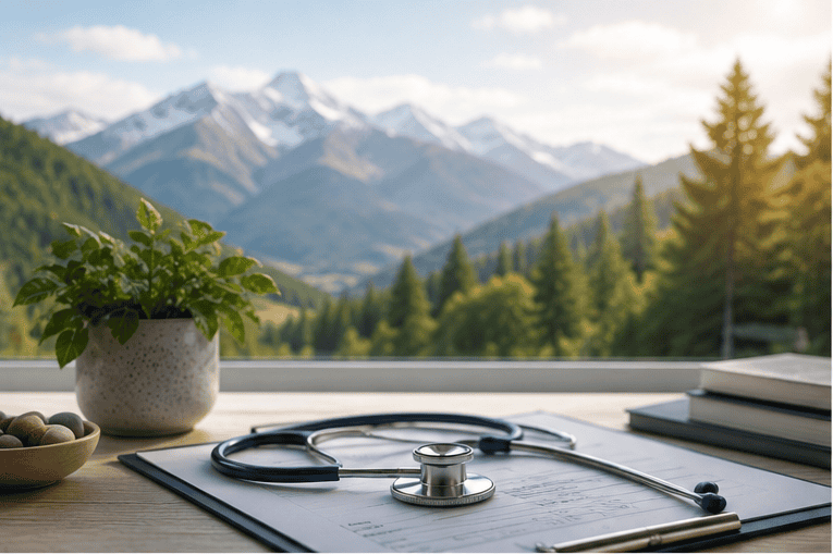 Medical stethoscope and clipboard with mountain view in the background.
