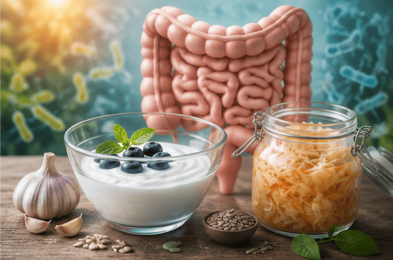 Healthy gut microbiome with yogurt, garlic, and fermented foods for digestive health.