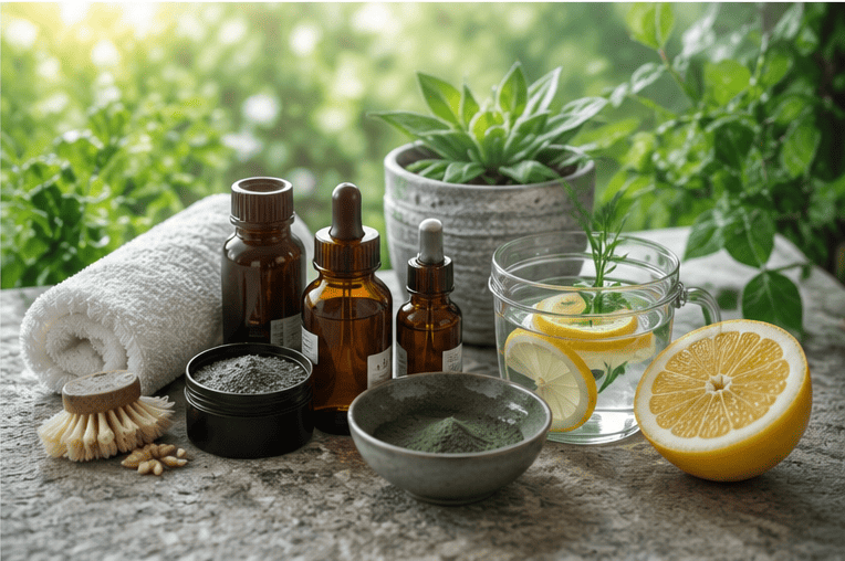 Natural health and wellness products with herbs, essential oils, and lemon slices.
