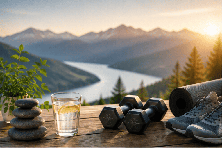 Scenic mountain view with wellness items including dumbbells, water, and yoga mat.