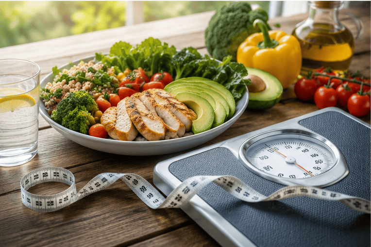 Healthy diet with vegetables, chicken, and a scale for weight management.