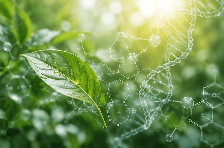 Close-up of green leaves with DNA helix and molecular structures in background.