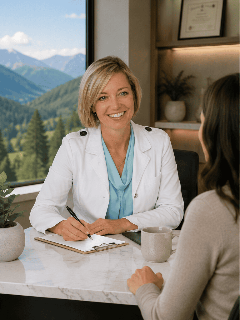 Medical consultation with a doctor in a scenic mountain setting.