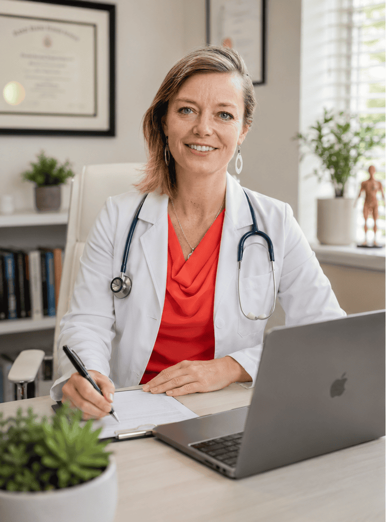 Female doctor smiling at desk with medical certificates and plants in background.
