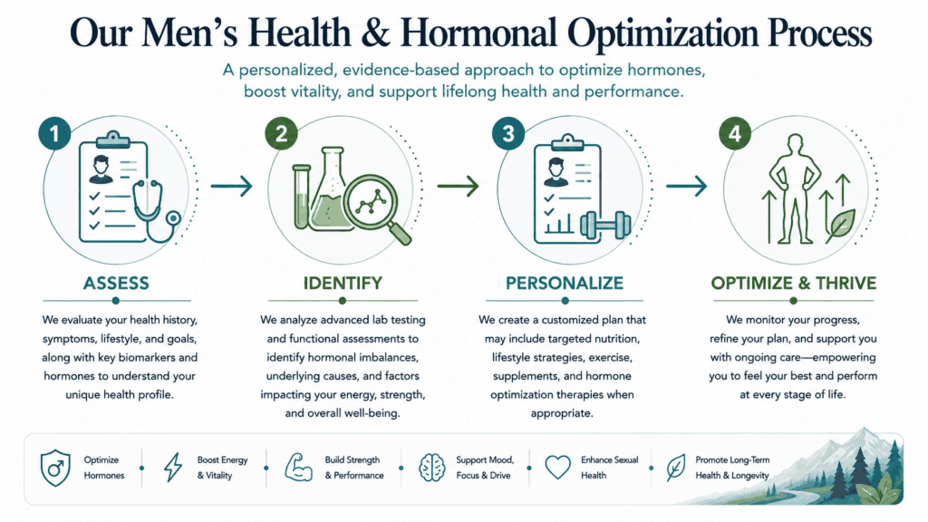 Men's health and hormonal optimization process infographic with four steps.