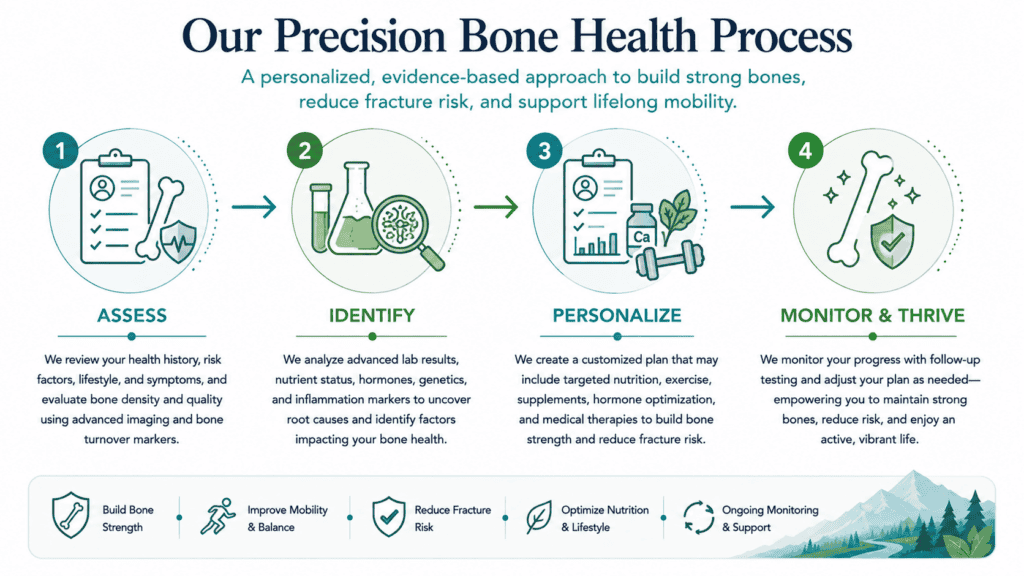 Diagram of Colorado Precision Medicine's bone health process for longevity and healthy aging.